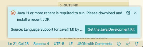 快速解決VS Code報錯：Java 11 or more recent is required to run. Please download and install a recent JDK