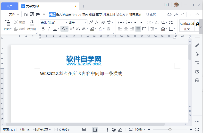 WPS2022怎么在所選內(nèi)容中間加一條橫線