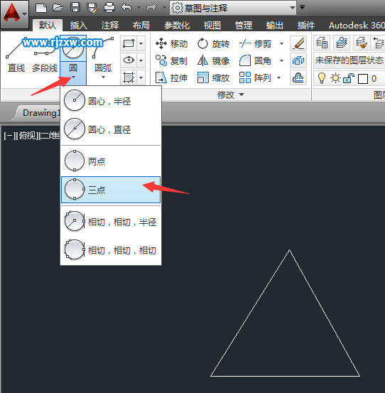 CAD怎么用3點畫圓畫三角形的頂點上