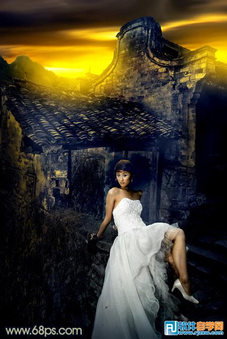 PS給在古建筑拍的婚紗照調出高對比霞光色