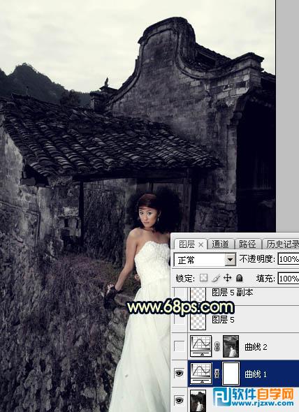 PS給在古建筑拍的婚紗照調出高對比霞光色