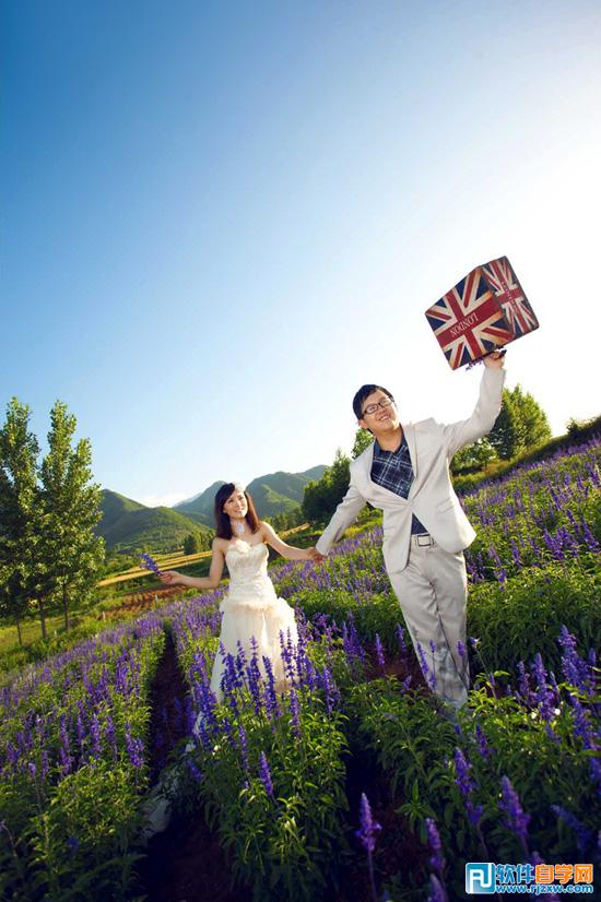 Photoshop給花海中的情侶加上唯美的霞光