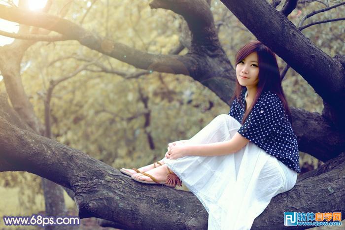 PS給大樹上美女增加秋季晨曦效果
